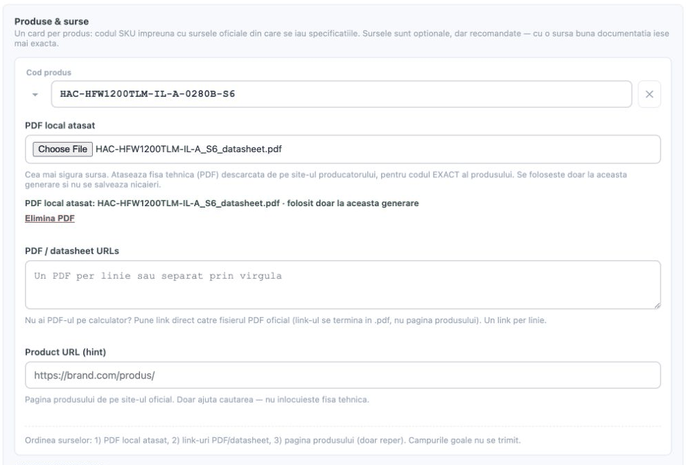 Card SKU extins cu PDF local atașat și câmpurile pentru surse oficiale
