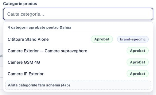 Lista categoriilor aprobate pentru Dahua, cu etichetele Aprobat și brand-specific