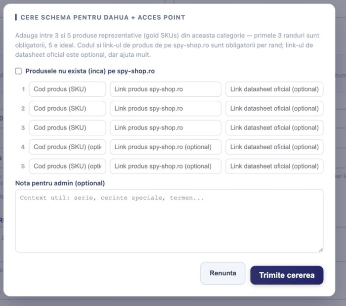 Formularul Cere schema cu cinci rânduri de produse și opțiunea pentru produse care nu există încă pe site