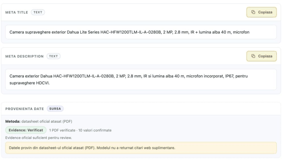 Rezultat generat cu meta title, meta description și eticheta Evidence Verificat